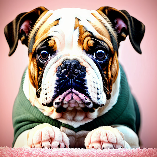 An adorable bulldog, with Pink background and a sweater. Animal Service on the Iron Range of MN